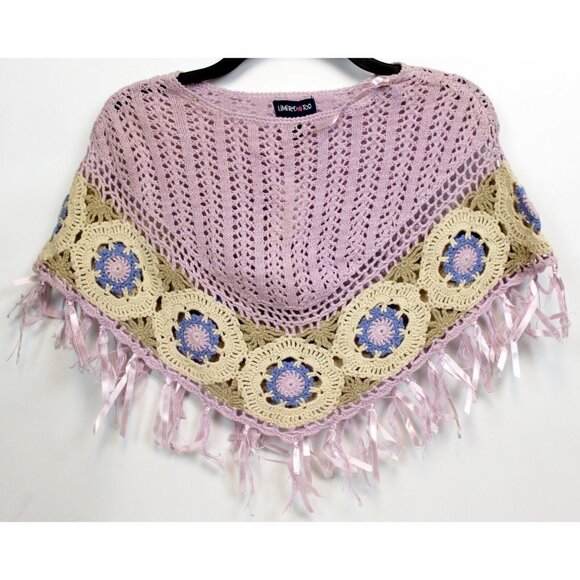 Y2K Limited Too Purple Poncho Knitted Crochet Fringe Flower Lavender Pastel Sm